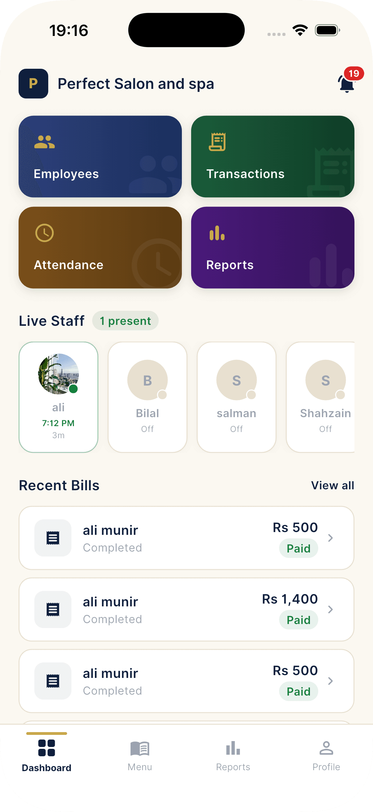 SalonPro owner dashboard with live revenue, staff attendance and recent bills